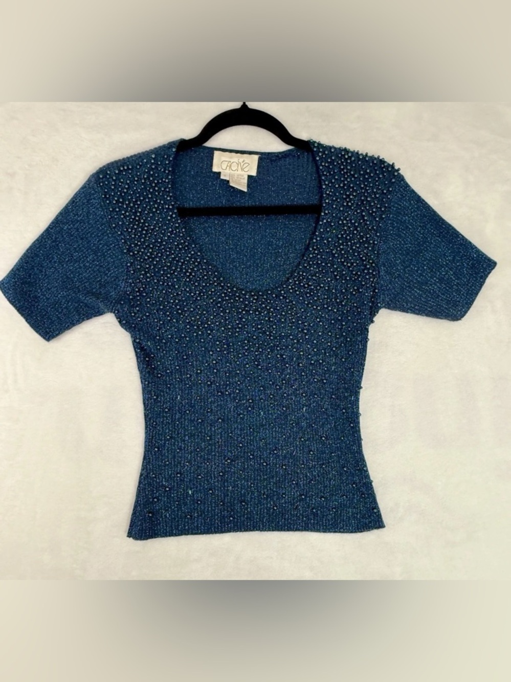 Vintage Cache Navy Blue Beaded Sweater Top Size Small Short Sleeves Metallic 90s
